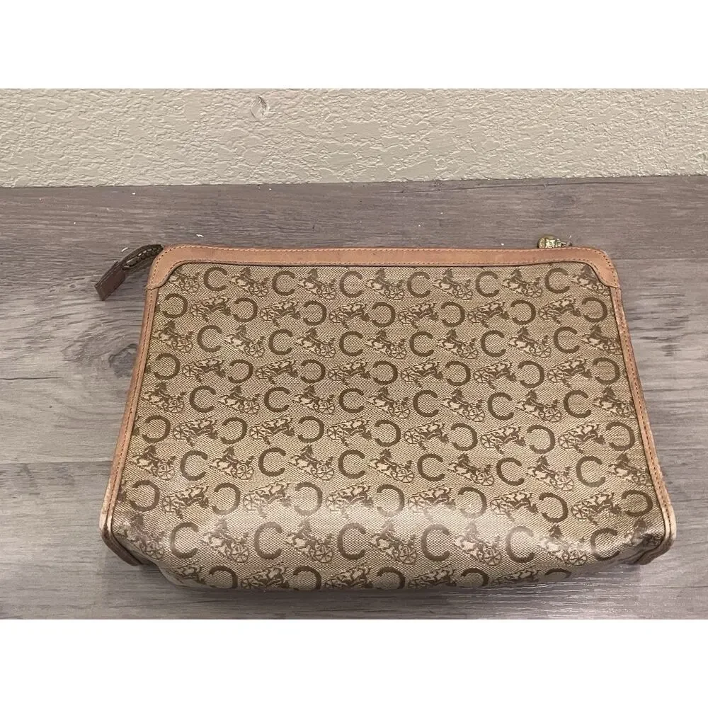 Vintage Celine Macadam Coated Canvas Clutch / Cosmetic Pouch Brown Leather Trim - Picture 2 of 6